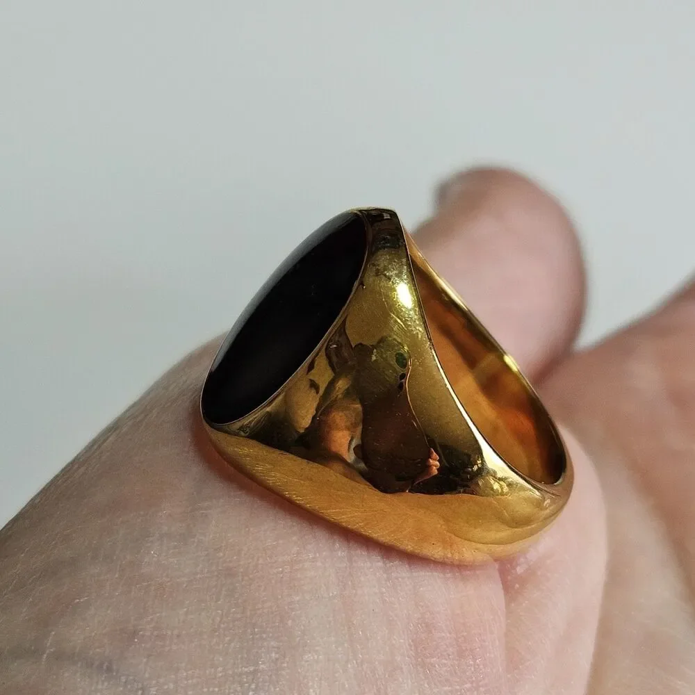 Gold Tone Black Oval Enamel Ring Chunky Size 8 - Picture 3 of 12